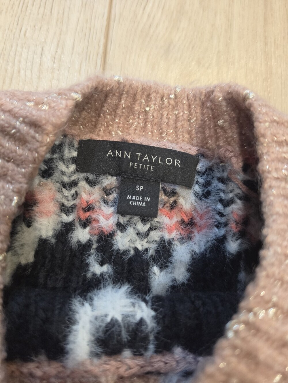 Ann Taylor Petite Fair Isle Fuzzy Sweater Pink Aztec Mock Neck Pullover Size SP - Picture 2 of 4